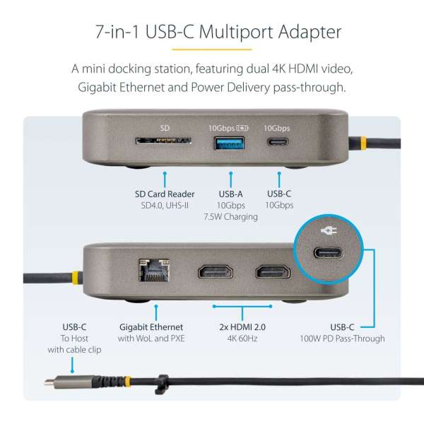 Startech USB-C Docking Station Dual 4K 60Hz HDMI compatible with MacBook Pro (M1/M2/M3/M4) and Windows USB-A/USB-C 10Gbps Hub 100W Power Delivery Grey