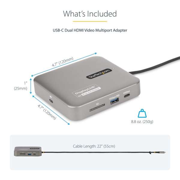 Startech USB-C Docking Station Dual 4K 60Hz HDMI compatible with MacBook Pro (M1/M2/M3/M4) and Windows USB-A/USB-C 10Gbps Hub 100W Power Delivery Grey