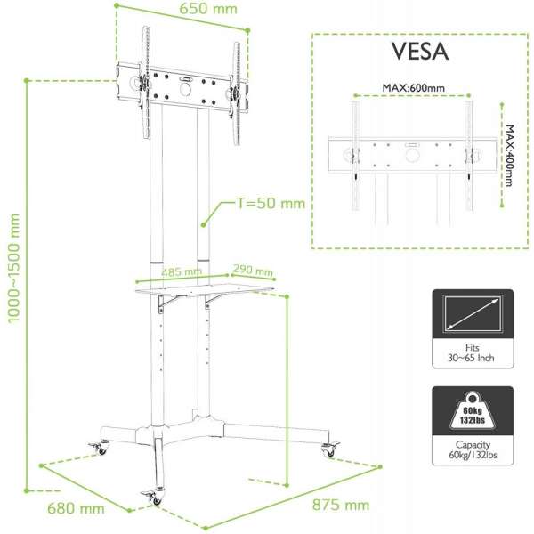 TECHLY 30"-65" Floor Trolley with Shelf Support LCD / LED / Plasma Black