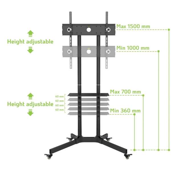 TECHLY 30"-65" Floor Trolley with Shelf Support LCD / LED / Plasma Black