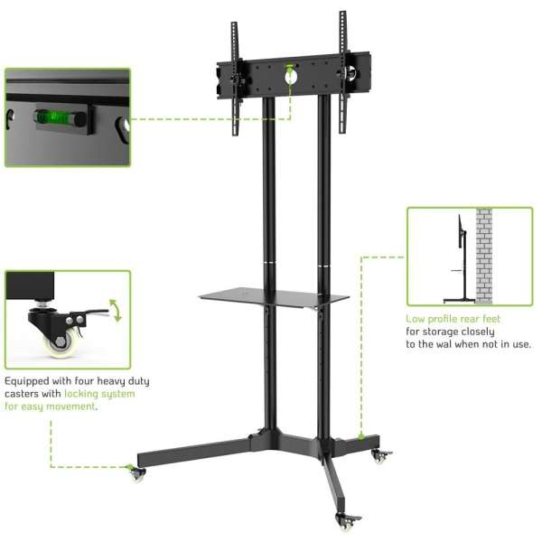 TECHLY 30"-65" Floor Trolley with Shelf Support LCD / LED / Plasma Black