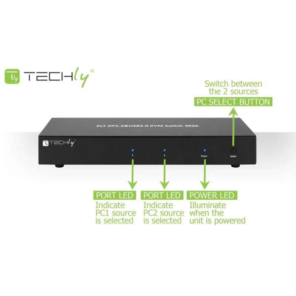 TECHLY IDATA DP-KVM2 2-Port DisplayPort1.2 Dual-Monitor KVM Switch