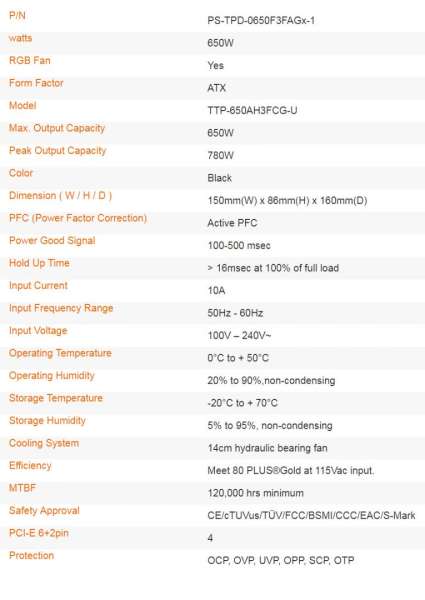 Thermaltake 650W 80+ Gold Toughpower GF1 ARGB