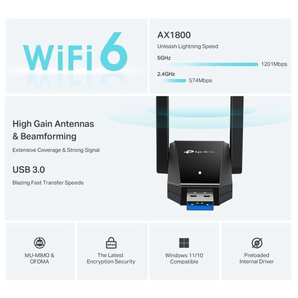 TP-Link Archer TX30U Plus AX1800 Dual Antennas High Gain Wireless USB Adapter