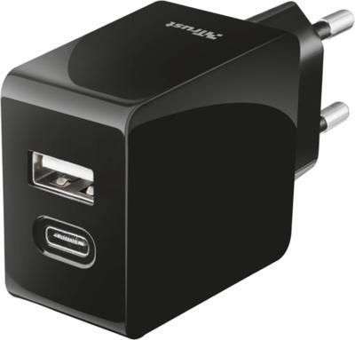 Trust Urban Dual-port smart wall charger with USB-C and USB-A port Black