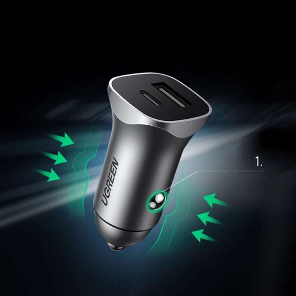 UGREEN Car Charger USB-A/USB-C 24W Power Delivery Quick Charge Gray
