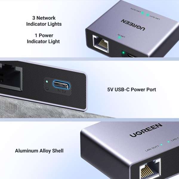 UGREEN Eternet 1 to 2 1000Mbps LAN Splitter Grey