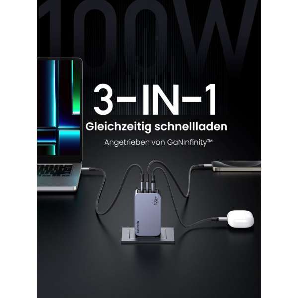 UGREEN Nexode Pro 100W GaN Charger with USB-C Cable Grey