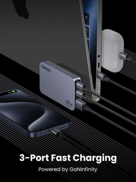 UGREEN Nexode Pro 65W 3-Port GaN Ultra-Slim Fast Charger Grey
