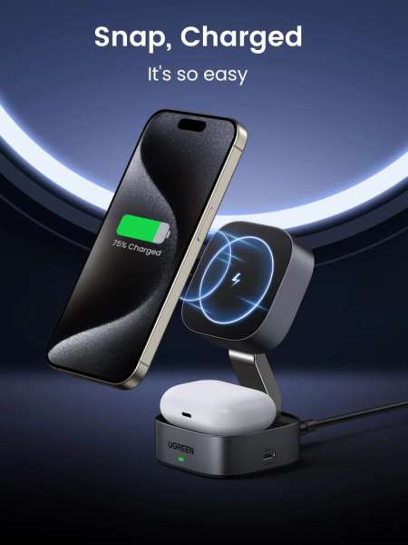 UGREEN Qi2 15W MagFlow 2-in-1 Wireless Charger Grey