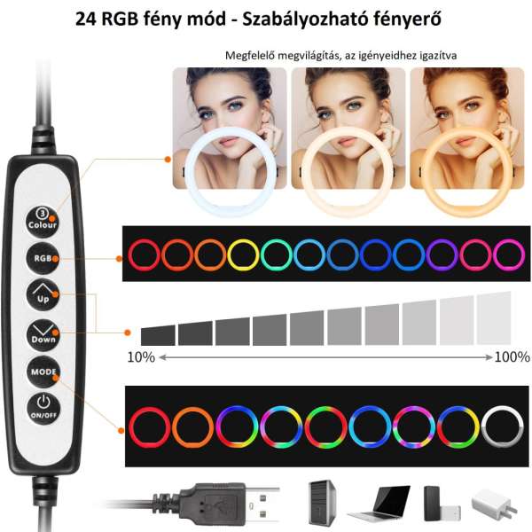 Ulanzi K15 RGB gyűrűs lámpa állvánnyal 1 db hajlítható hattyúnyakkal és telefontartóval