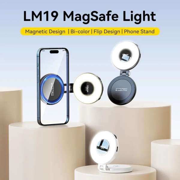 Ulanzi LM19 Magsafe mágneses csatlakozású kör LED lámpa, összecsukható, 400mAh, fehér