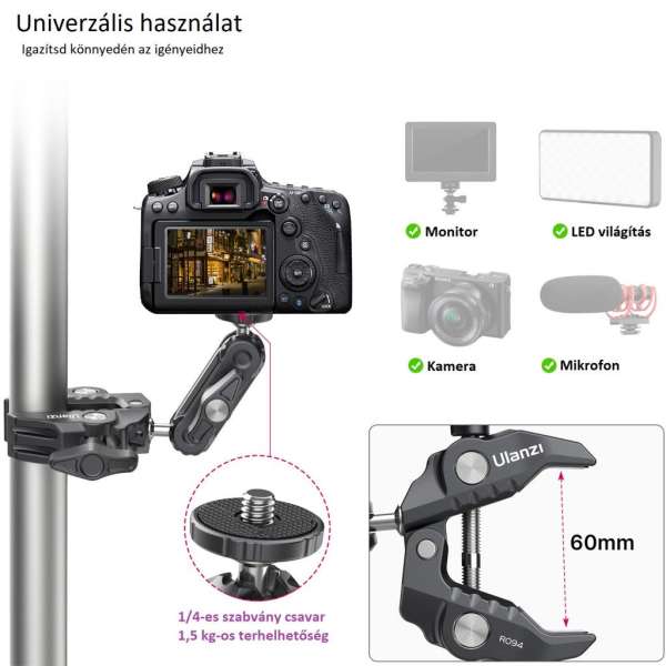 Ulanzi R094 KAMERA SZUPER-BILINCS RÖGZÍTŐ - többfunkciós satu - 1/4" 3/8"