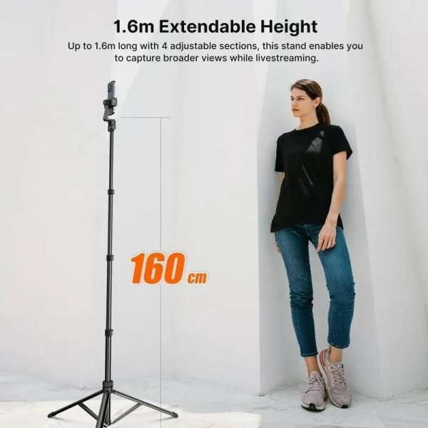 Ulanzi ZB64Z selfie állvány, monopod, telefontartó és bluetooth adapter, 160cm max magasság, fekete