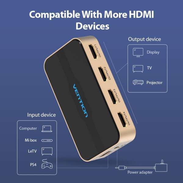Vention 1 In 4 Out HDMI Splitter 4K@30Hz Gold Aluminum Alloy Type
