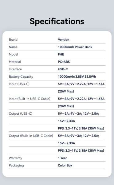 Vention 10000mAh Power Bank Grey