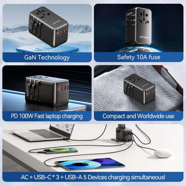 Vention 4-Port USB (C+C+A+A) GaN Universal Travel Adapter Black