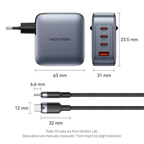 Vention 4-Port USB GaN Charger Grey