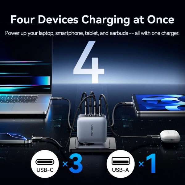 Vention 4-Port USB GaN Charger Grey