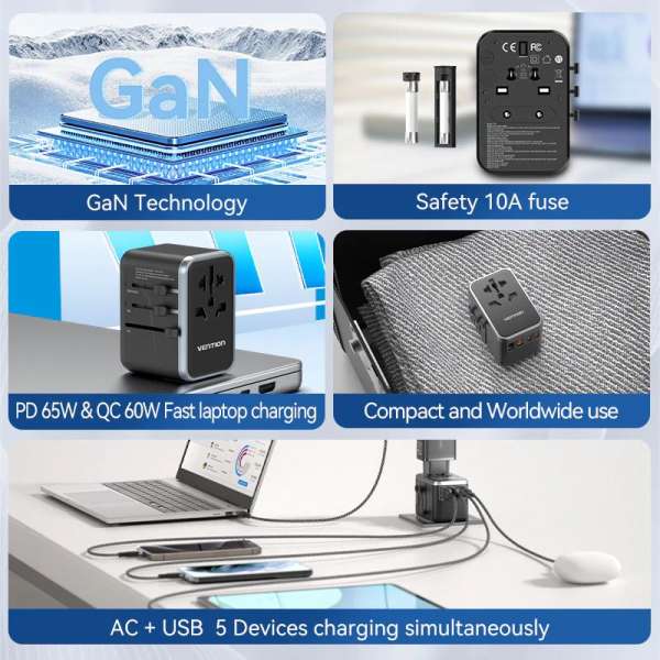 Vention 4-Port USB GaN Universal Travel Adapter Black