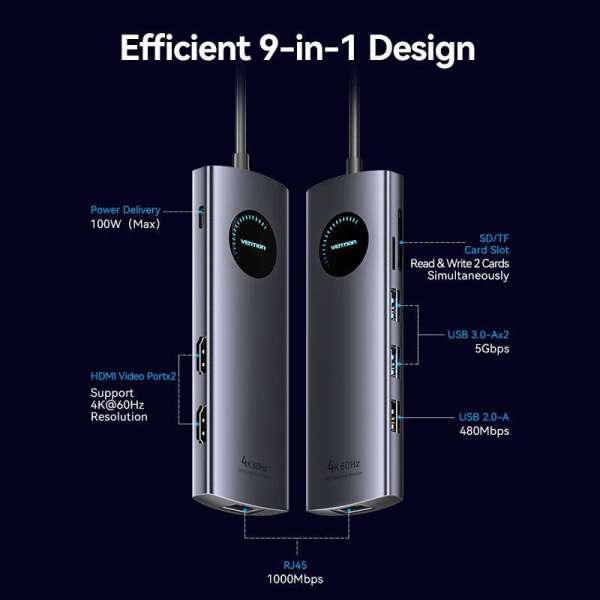 Vention 9-in-1 USB-C MST Docking Station Black