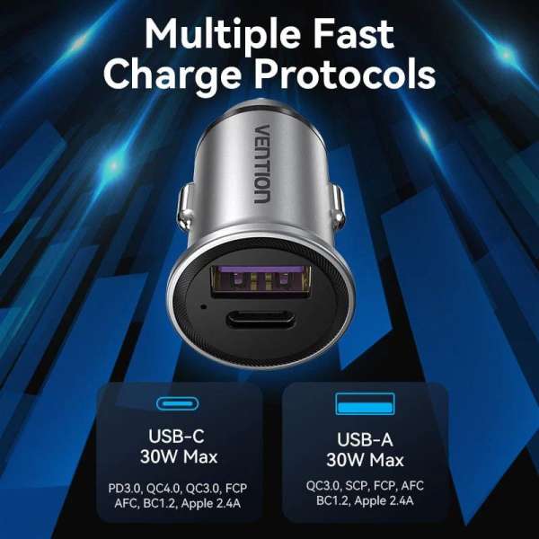 Vention Car charger USB-A+C 2port 30W Grey