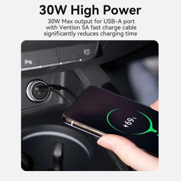 Vention Car charger USB-A+C 2port 30W Grey
