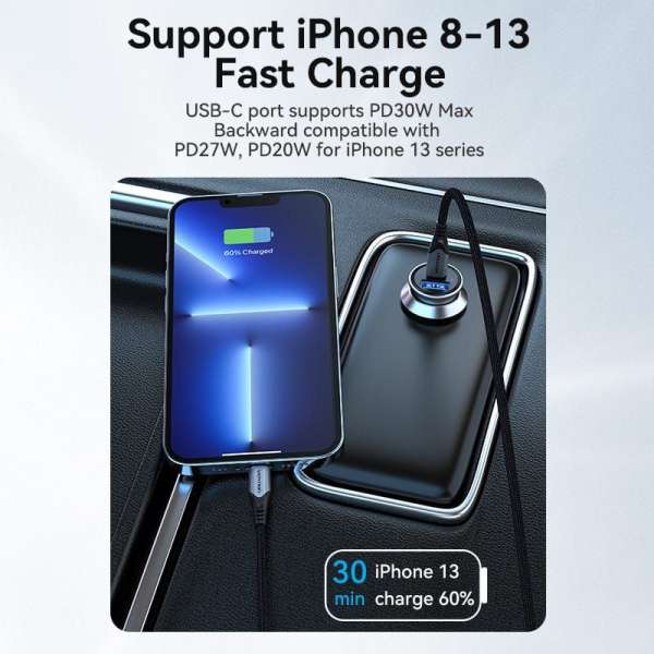 Vention Car charger USB-A+C 2port 30W Grey