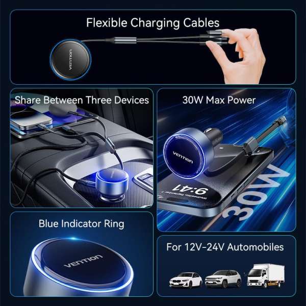 Vention Car Charger with Built-In Cable Black