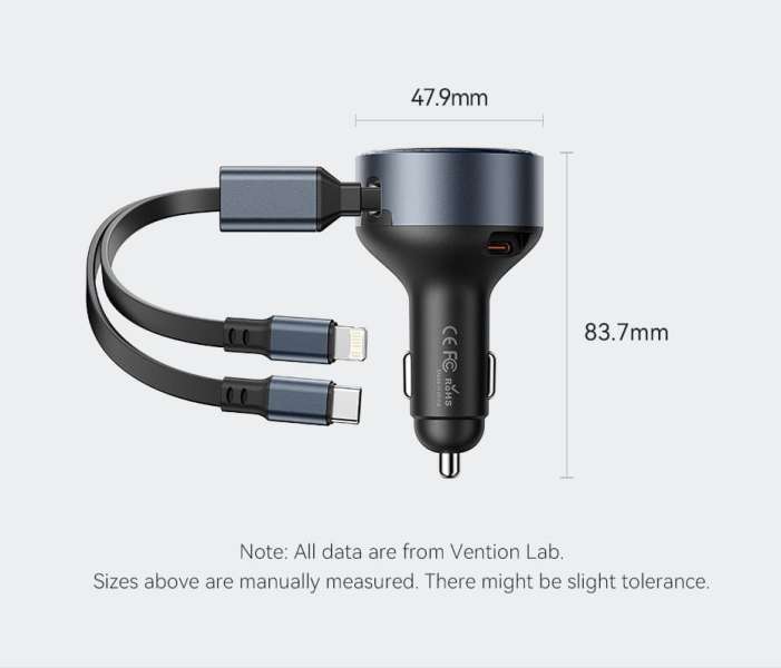 Vention Car Charger with Built-In Cable Black