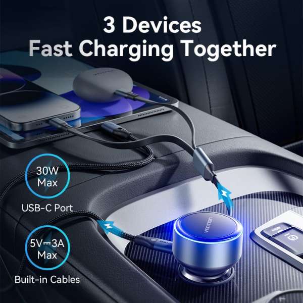 Vention Car Charger with Built-In Cable Black