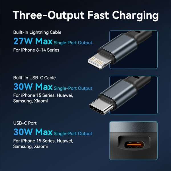 Vention Car Charger with Built-In Cable Black