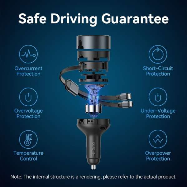 Vention Car Charger with Built-In Cable Black