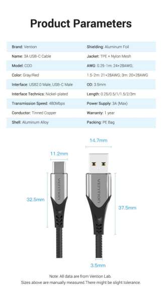 Vention Cotton Braided USB 2.0 A Male to C Male 3A Cable 1m Gray