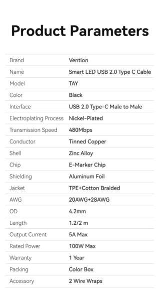 Vention Cotton Braided USB 2.0 C Male to C Male 5A Cable With LED Display 1,2m Black