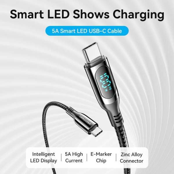 Vention Cotton Braided USB 2.0 C Male to C Male 5A Cable With LED Display 1,2m Black