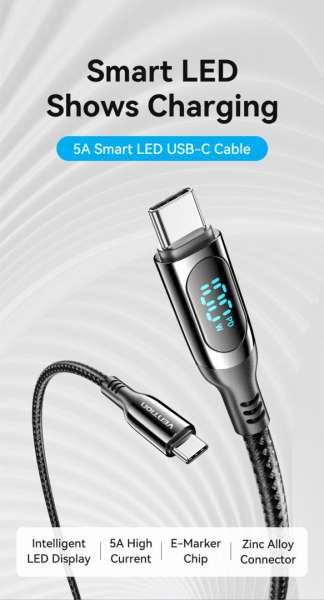 Vention Cotton Braided USB 2.0 C Male to C Male 5A Cable With LED Display 1,2m Black
