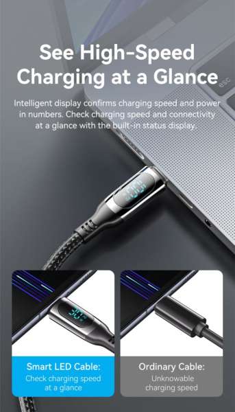 Vention Cotton Braided USB 2.0 C Male to C Male 5A Cable With LED Display 1,2m Black