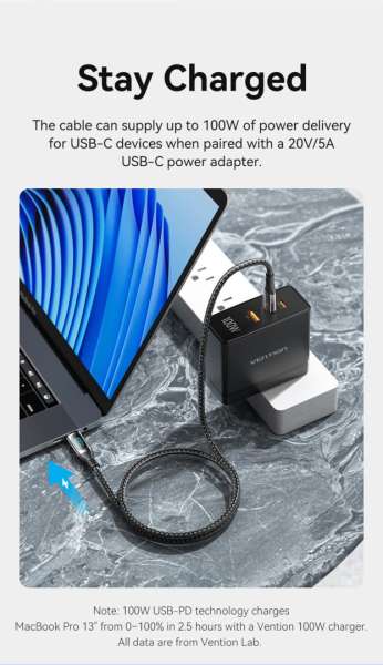 Vention Cotton Braided USB 2.0 C Male to C Male 5A Cable With LED Display 1,2m Black