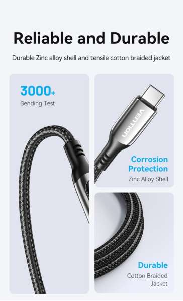 Vention Cotton Braided USB 2.0 C Male to C Male 5A Cable With LED Display 1,2m Black