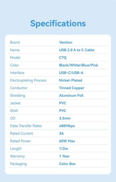Vention USB 2.0 A Male to C Male 3A PVC Type cable 2m Blue