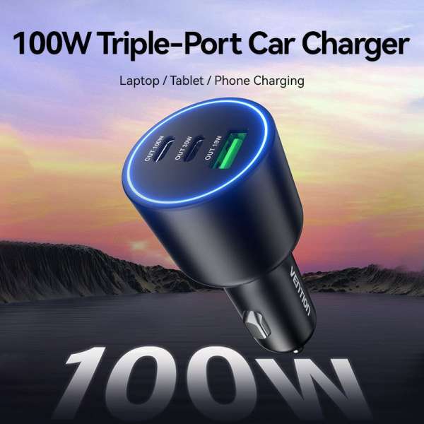 Vention Three-Port USB C+C+A (100W+30W+18W) Car Charger Black