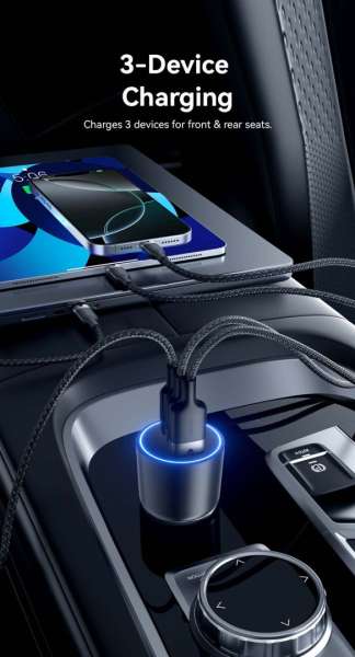 Vention Three-Port USB C+C+A (100W+30W+18W) Car Charger Black