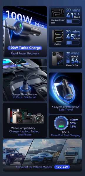 Vention Three-Port USB C+C+A (100W+30W+18W) Car Charger Black