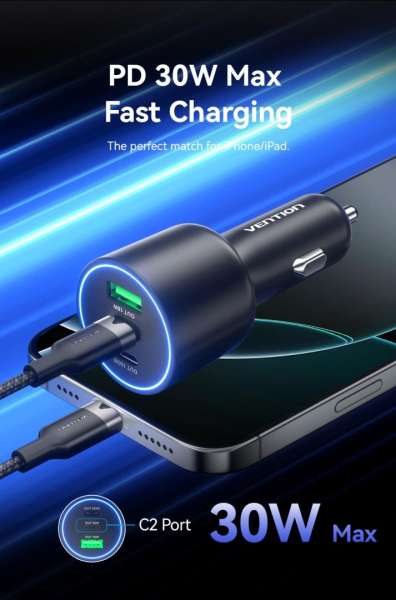 Vention Three-Port USB C+C+A (100W+30W+18W) Car Charger Black