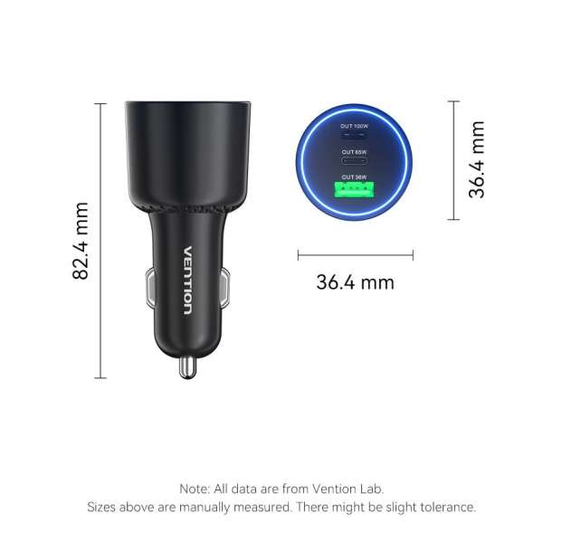 Vention Three-Port USB C+C+A (100W+65W+30W) Car Charger Black