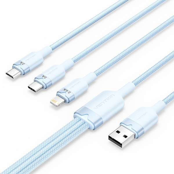 Vention USB 2.0 A Male to 3-in-1 USB-C & Lightning & Micro-B Male 3A Cable 1,5m Blue