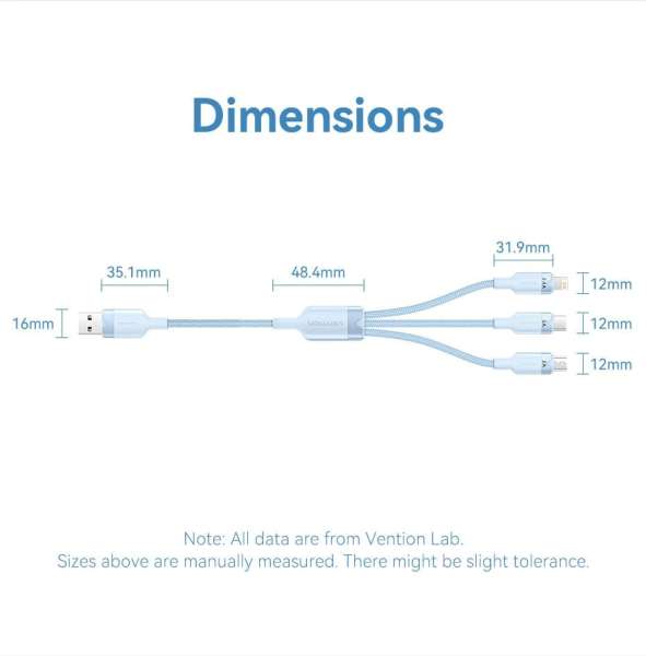 Vention USB 2.0 A Male to 3-in-1 USB-C & Lightning & Micro-B Male 3A Cable 1,5m Blue