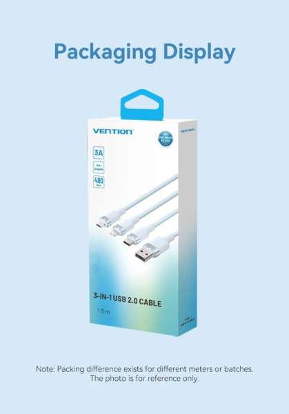 Vention USB 2.0 A Male to 3-in-1 USB-C & Lightning & Micro-B Male 3A Cable 1,5m Blue