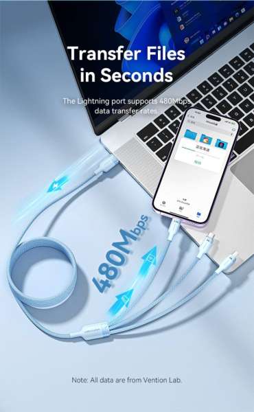 Vention USB 2.0 A Male to 3-in-1 USB-C & Lightning & Micro-B Male 3A Cable 1,5m Blue